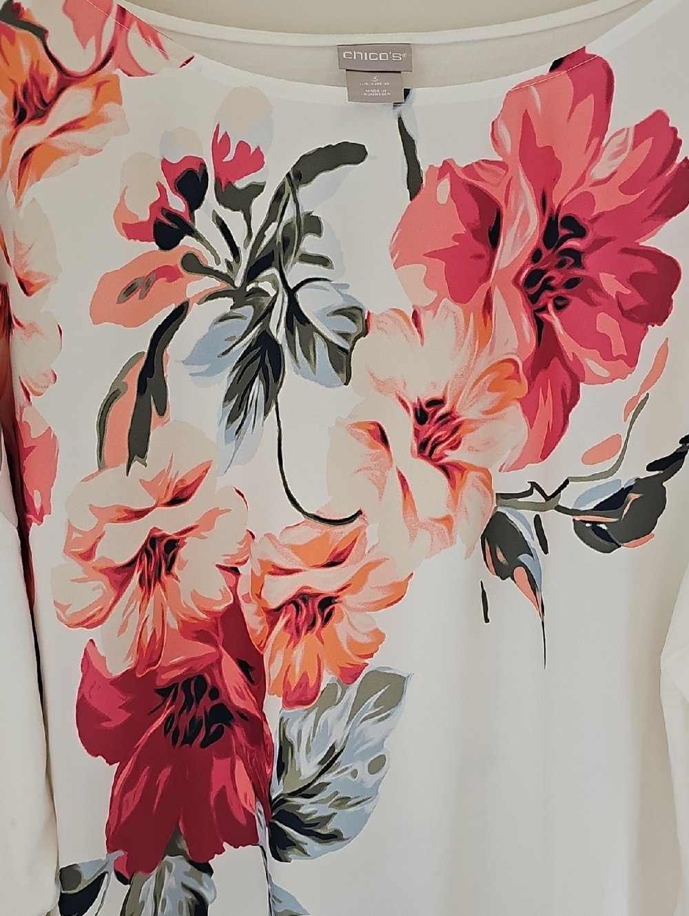 Chico's White Long Sleeve Tee with Pink & Coral Floral Print - Picture 2 of 7
